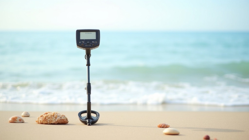 A metal detector standing alone on a sandy beach at sunrise, gently lit with waves in the background.